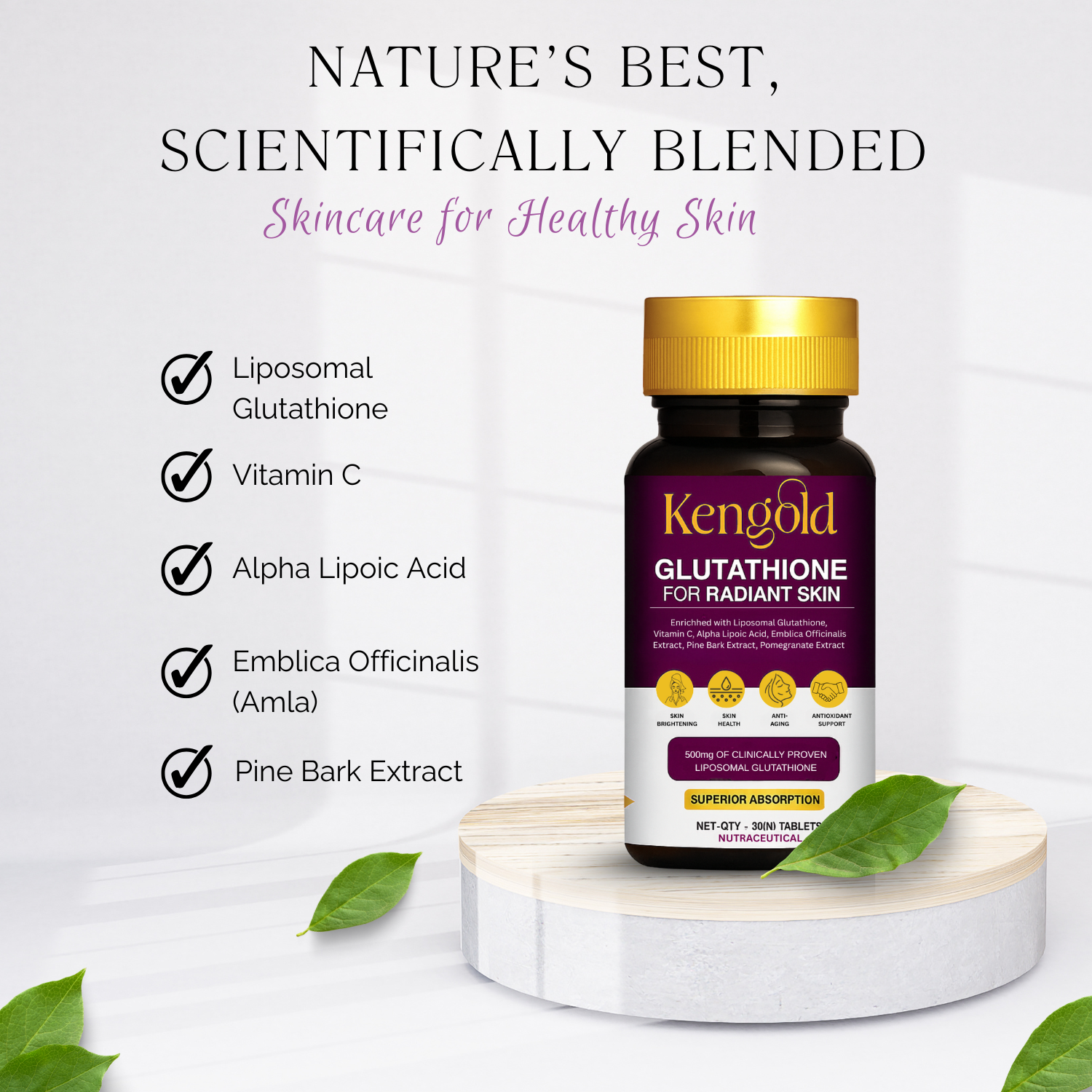 Kengold Liposomal-500mg Glutathione Tablets for Radiant, Glowing Skin