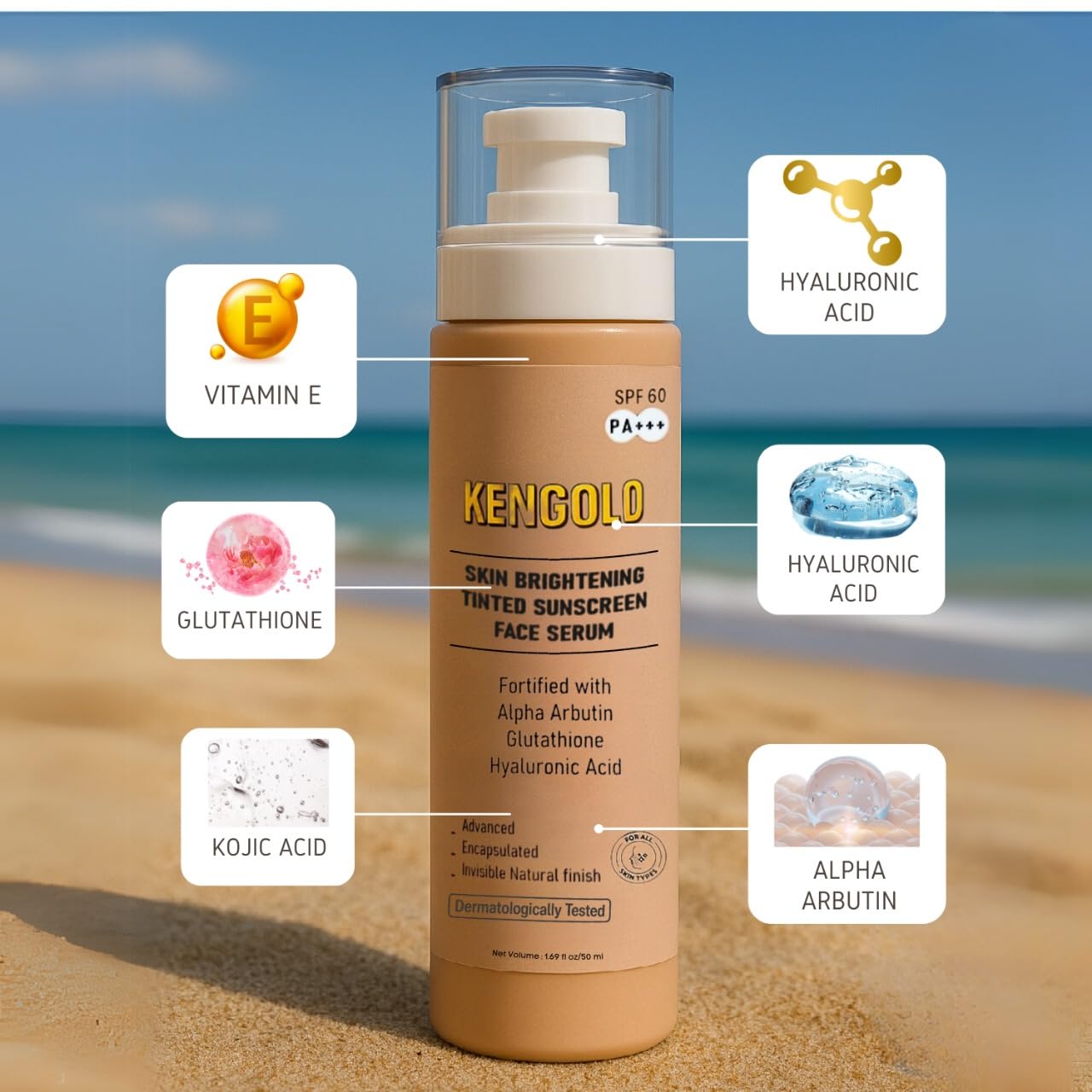 Tinted Skin brightening Sunscreen Serum SPF 60 PA++++ for All Skin Types
